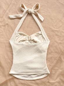 Soleia WYWH 女式露背 V 领花卉金属扣无袖针织纹理修身背心，适合节日、约会、休闲下午茶、派对、音乐节、波西米亚风度假 - 黃色 - 查看 2