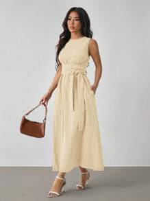 SHEIN PETITE 女士纯色简约无袖裹身裙，休闲日常穿着 - 米色 - 查看 6