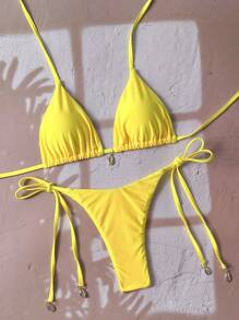 Swim Vcay Solid Triangle Tie Side Bikini Set For Summer Beach Vacation - Yellow - View 7