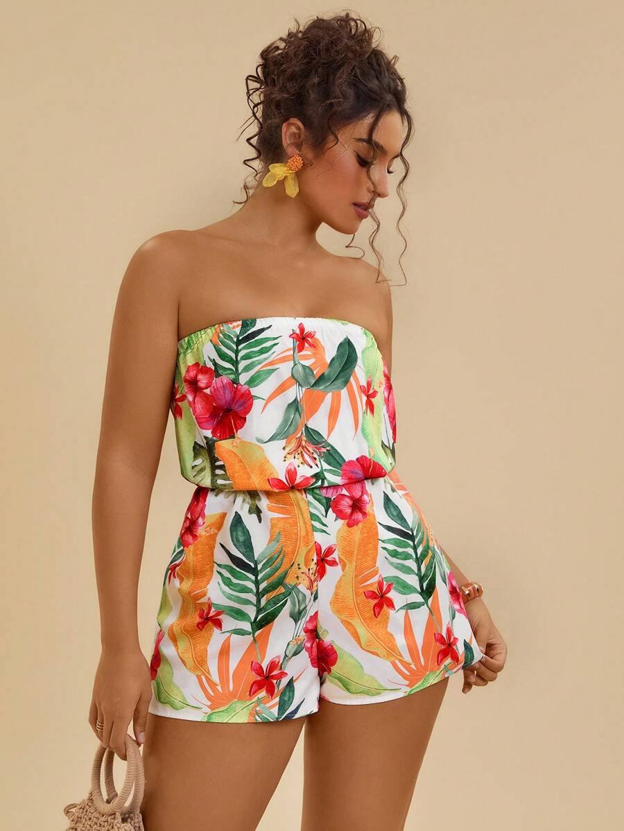 SHEIN VCAY Mono con estampado floral y cuello de halter talla grande, casual y elegante para usar todos los días, atuendos para el Día de San Valentín y vacaciones, ropa de mujer para vacaciones tropicales, regalos de Día de San Valentín para mujeres - Blanco - Ver 1