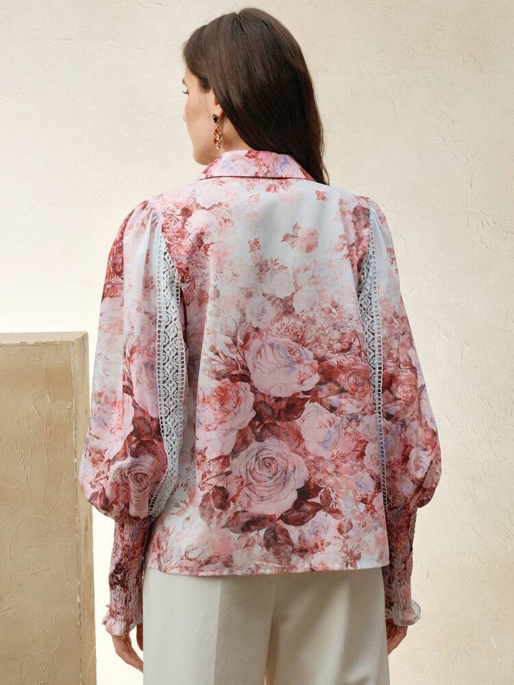 Blusa Tecida de Manga Longa com Renda Floral Azul Elegante para Mulheres, Adequada para o Transporte Diário, Primavera