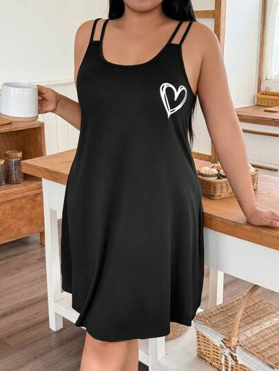 Snug Zone Plus Size Casual Sleeveless Heart Print Nightgown