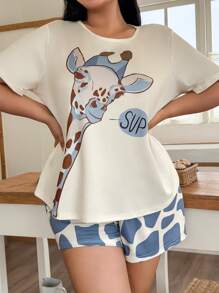 SHEIN Slumberry CURVE Plus Size Giraffe Print Casual Short Sleeve Top And Shorts Set - Blue - View 5