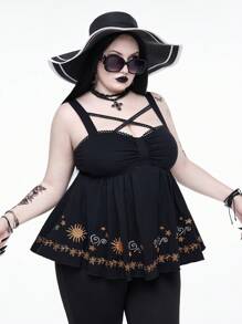 ROMWE Goth 复古哥特式向日葵刺绣大码背心，万圣节适用 - 黑色 - 查看 6