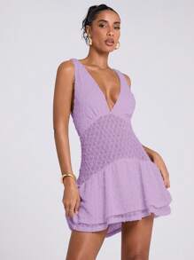 SHEIN BAE 女士春夏杏色优雅海滩度假旅行日常派对 V 领无袖荷叶边分层不对称下摆钩针迷你连衣裙、音乐会服装女士、春假连衣裙 - 淡紫色 - 查看 6