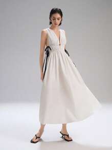 LYSMO 2025 新款夏季女式无袖 V 领白色长裙，腰带设计，褶饰设计，露背 A 字廓形，优雅简约，非常适合约会装 - 白色 - 查看 5