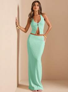 SHEIN BAE 2 件套女式夏季纯色性感深 V 领露背纹理露背短款上衣和长裙套装，度假白色服装 - 薄荷綠 - 查看 5