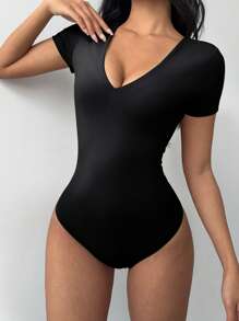 SHEIN BASICS Casual Solid Color Knit V-Neck Short Sleeve Bodysuit For Women/Summer - Black - View 5