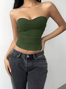 SHEIN BASICS Women's Casual Solid Color Knitted Fitted Tube Top - Army Green - View 5