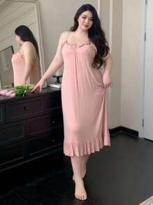 Dazy Plus Plus Size Solid Color Patchwork Ruffle Hem Slip Dress For Home & Sleep, Back To School Clothes - Pink - View 7