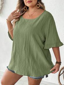 SHEIN CURVE+ Áo sơ mi kaki mùa hè cỡ lớn dành cho nữ, tay ngắn xếp ly, vạt rộng, kiểu dáng thường ngày/đi biển/nghỉ mát/đồ dùng cần thiết cho bãi biển/lễ tốt nghiệp/tiệc trà mùa hè/đồng quê/kỳ nghỉ biển/bãi biển/trang phục đi biển - Màu xanh Bạc hà - Xem 5
