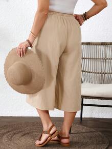 SHEIN VCAY Pantalones capri casuales de algodón lavado con cordón en la cintura para mujer de talla grande, adecuados para fiesta en la piscina de verano, estilo boho chic, para brunch, aeropuerto, vacaciones en la playa, vacaciones en la ciudad, vacaciones de verano en Europa, luna de miel, estilo occidental para mujer de talla grande - Albaricoque - Ver 2