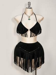 SHEIN ICON Plus Size Women Sexy Fringe Crisscross Back Halter Bra Top