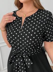 SHEIN Clasi Plus Size Women's Polka Dot Print Patchwork Zipper Casual Black And White Summer Elegant Everyday Dress,Solid Color Gown,Business Work Clothing - Black and White - View 8