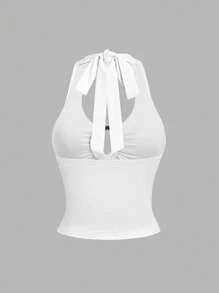 SHEIN Sweetro 复古性感金属扣装饰深V领吊带背心 - 白色 - 查看 2