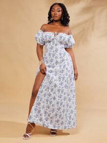 SHEIN SXY Đầm Maxi Maxi xẻ tà họa tiết hoa thanh lịch gợi cảm cổ vuông tay bồng và trễ vai hai cách mặc mùa xuân và mùa hè cỡ lớn cho nữ thích hợp mặc hàng ngày - Nhiều màu - Xem 8