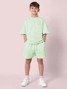 SUMWON Summer Unisex Two Piece Terry Jogging Set Sweatshirt Drawstring Shorts Activewear Athletic Wear Tracksuit Workout Set - Green - View 2