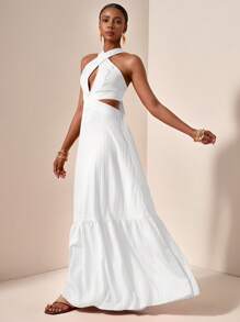 Zivah 2025 Váy Maxi Dệt Sọc Sóng Họa Tiết Màu Cam Cho Nữ Mùa Xuân Hè Mới Cổ Chữ V Halter Khoét Hở Trước Ngực Khoét Hở Lưng Eo Bánh Váy Maxi A-Pulse Váy Maxi Dệt Sọc Sóng Cho Nữ-A - trắng - Xem 3