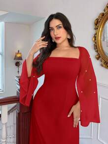 Firerie Vestido largo de línea A para mujer talla grande, elegante de satén rojo y rosa con volantes, cuello cuadrado, patchwork de gasa, para invitada de boda, ferias renacentistas y graduaciones de otoño - Rojo - Ver 6
