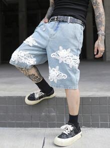 Manfinity EMRG Men's Floral Applique Pocket Casual Versatile Denim Shorts