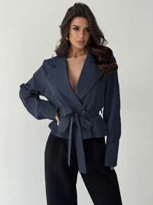 Firerie 秋冬新款卡其色立体口袋腰带女士薄款风衣外套 - 藏蓝色 - 查看 1