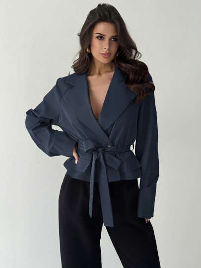 Firerie 秋冬新款卡其色立体口袋腰带女士薄款风衣外套