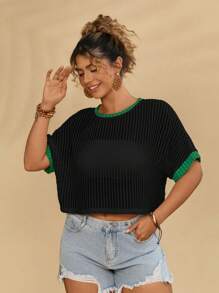 Travachic Plus Size Women's Casual Summer Beach Wear Colorblock Green Trim Basic Knit Cropped Top T-Shirt - Black - View 3