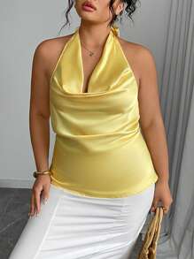 INAWLY 夏季大码性感垂坠领露背无袖上衣 - 芥末黃 - 查看 3