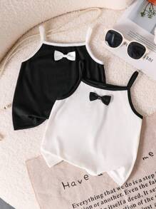 SHEIN 2件套年轻女孩撞色蝴蝶结装饰休闲吊带背心和上衣套装 - 黑與白 - 查看 8