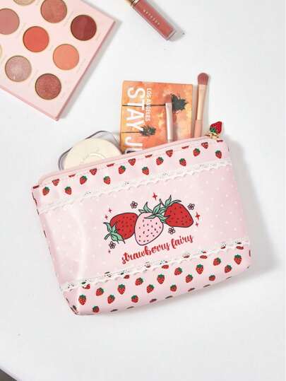 Kawaii Women's Large Capacity Lace Trim White Polka Dot & Strawberry Pattern Transparent Makeup Bag