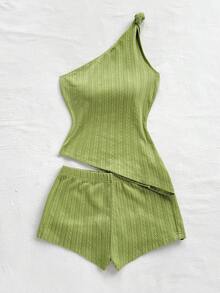 Soleia 2 Stücke/Set Damen Lässig einfarbiges asymmetrisches Top und Shorts Set, Urlaubsstil - Grün - Übersicht 4