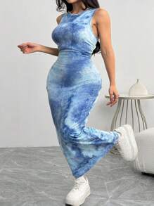 SHEIN EZwear 女士修身扎染印花紧身长裙，夏季 - 藍色 - 查看 5