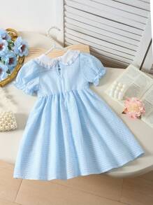 Souflis Souflis 女孩休闲舒适可爱纹理格子泡泡袖花朵荷叶边领落肩连衣裙