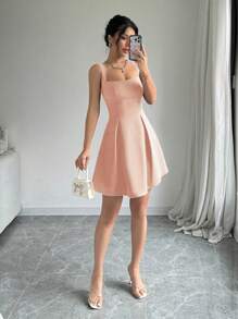 Chiquease Women's Summer Casual Waisted Low-Cut Solid Color Vacation Dress Mini Short Women Outfit - Coral Pink - View 4