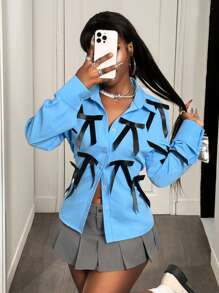 BamGleam Women's Color Block Bow Decor Summer Cardigan Shirt