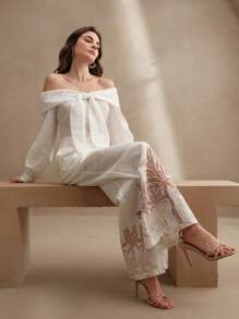 Anewsta 1件露肩长袖上衣和植物印花长裤套装 - 米色 - 查看 1