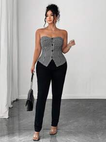 Elenzga 大码女式夏季办公室休闲通勤千鸟格印花无袖纽扣前短款吊带背心上衣 - 黑與白 - 查看 4