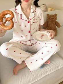 SHEIN 少女杏色可爱樱桃印花长裤和短袖休闲宽松两件套睡衣套装 - 杏色 - 查看 9