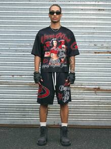 AXEPEAK Streetwear Hip Hop Racing Style Men's Shorts And Short Sleeve T-Shirt Set Summer Outfit - Black - View 3