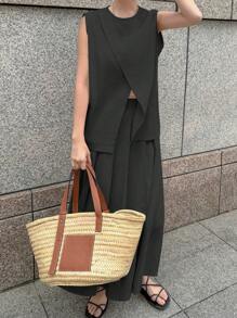 FRIFUL 2 件套女式无袖短款上衣和高腰开叉裙，假日复古风亚麻套装 - 深灰色 - 查看 7