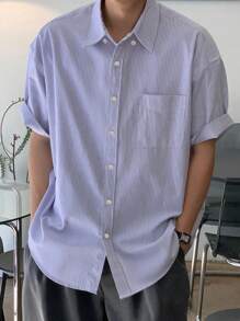 DAZY 1pc Men's Solid Blue Stripe Short Sleeve Shirt, Summer Business Attire - Blue and White - View 3