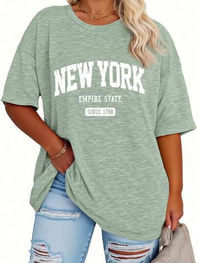 SHEIN Plus Size Women's Casual NYC Letter Print Loose Mid-Length Round Neck Short Sleeve T-Shirt