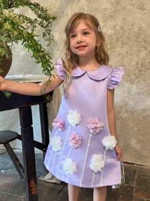 SHEIN Young Girl 4-7Y Elegant Luxurious Sweet Cute 3D Flower Embroidered Collar Cap Sleeve Princess Dress, Formal Party Dress Suitable For Holiday Celebration, Birthday Party, Photo Shoot, Outdoor Activity, Vacation, Daily Wear, Spring/Summer - Purple - View 3