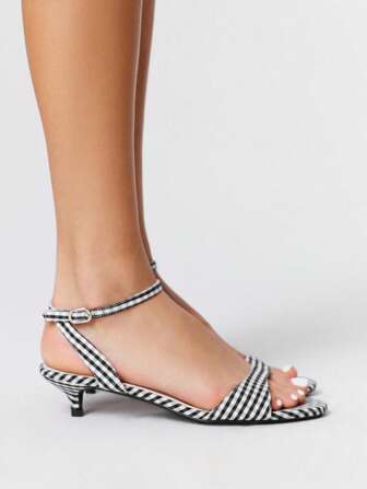 Kawaii Sandalias de tacón de gato elegantes para damas con tela de cuadros