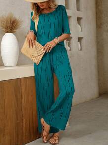 SHEIN Clasi 女式 V 领宽松全身印花两件套 - 水鴨藍 - 查看 5