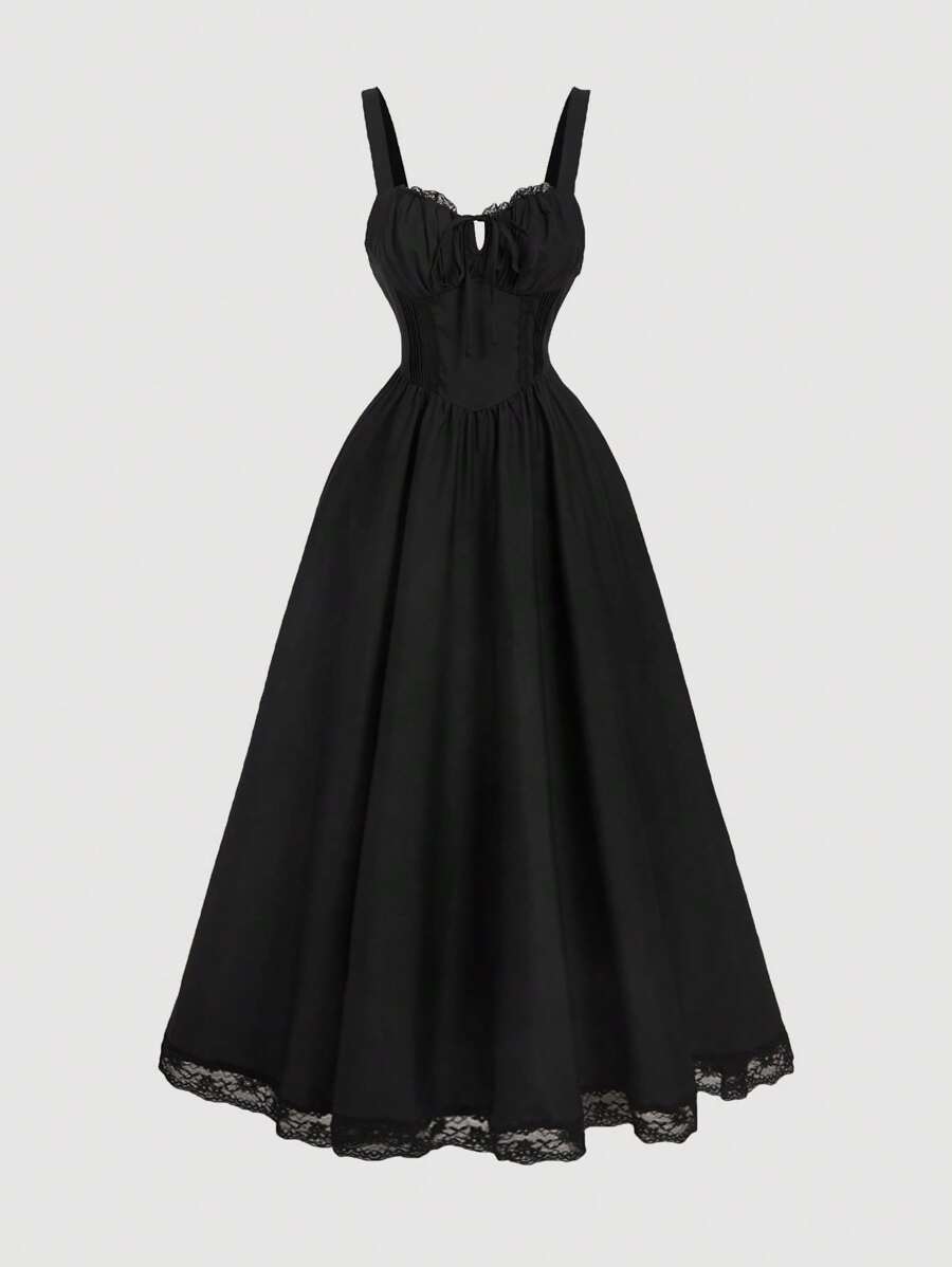 SHEIN MOD Women French Romantic Solid Color Dress, Black Casual Holiday Strappy Dress - Black - View 1