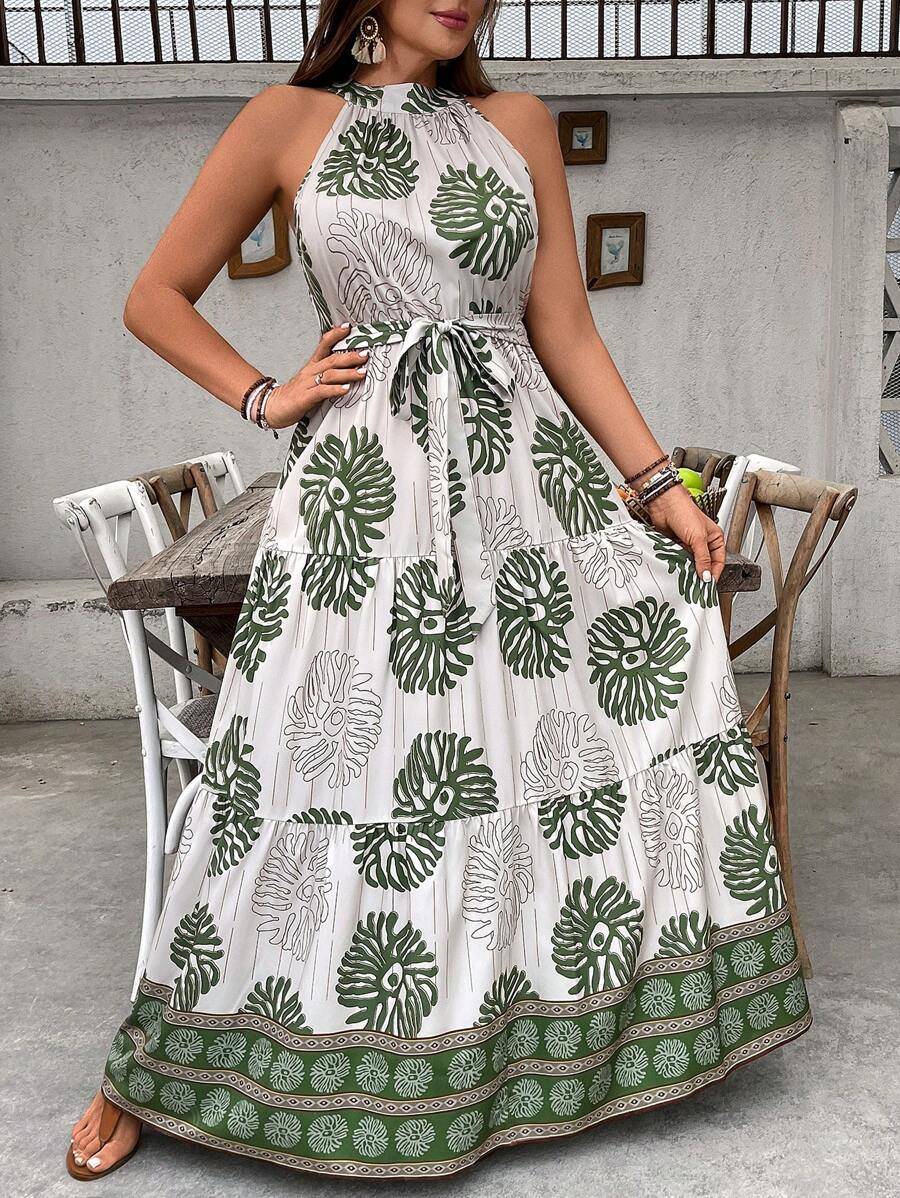 SHEIN VCAY 大码夏季假日花卉印花荷叶边下摆吊带连衣裙 - 彩色 - 查看 1