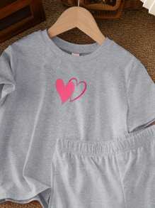 SHEIN Leap Crew Tween Girl Casual Minimalist Short Sleeve Top And Shorts 2-Piece Set, Suitable For Summer - Light Grey - View 4