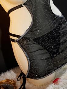 SpicyHot 2 件曲线超闪亮水钻内衣，迷人透视镂空露背无罩杯系带露背大码睡袍，黑色俱乐部服装 - 黑色 - 查看 7