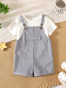 SHEIN Newborn Baby Boys/Girls Summer Casual Versatile Blue & White Striped Bib Pants Romper - Multicolor - View 1